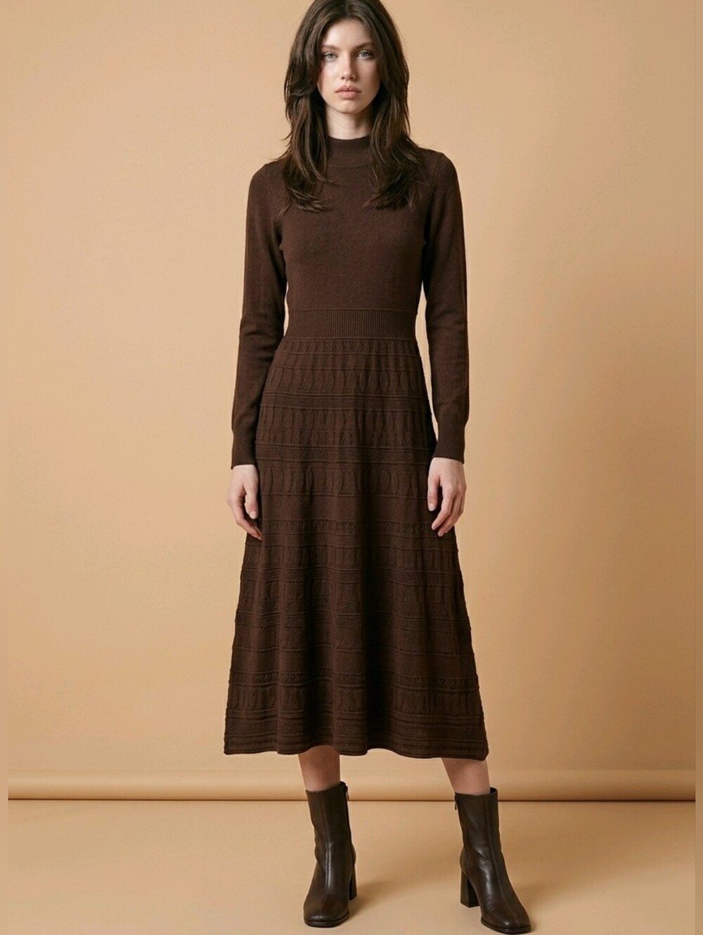 NEW Ellie Makir Knit Midi Dress Long Sleeve Crew Neck Brown Modest Size S